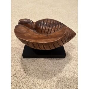Vintage Wooden Shell Figurine‎ Bowl on Stand Original Old Hand Carved
